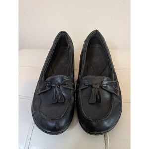 Clarks Womens Black Leather Tassel Loafers Slip On Comfort Shoes Flat Stitching